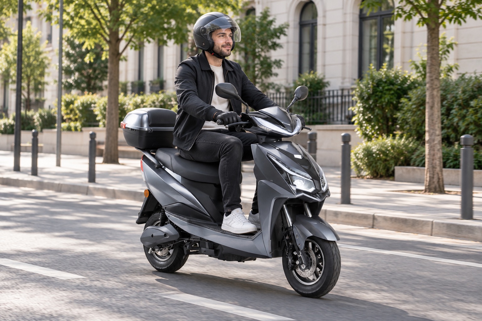 Persoană echipată cu cască deplasându-se cu un scuter electric ZTECH ZT-52